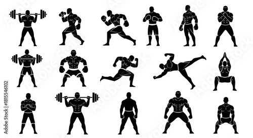 Collection of Silhouette Figures Depicting Various Athletic Poses and Bodybuilding Actions