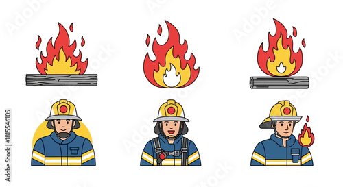 Vector Collection of Firefighter and Fire Emergency Service Icons. Modern Flat Line Art Symbols for Public Safety and Rescue