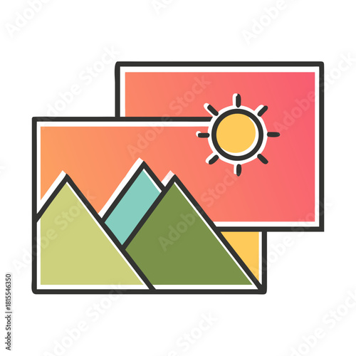 Free Download A colorful gallery icon featuring mountains and a bright sun - GFXLoad