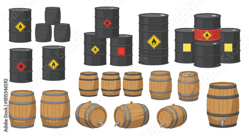 Illustration set of classic wooden casks and modern black oil drums with flammable hazard symbols