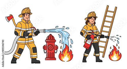 Firefighters battling blaze near hydrant with gear and protective equipment