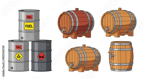 Various industrial metal drums for fuel and hazardous liquid storage, presented with classic wooden barrels for drinks and aged spirits