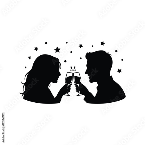 Couple silhouette toasting champagne glasses celebration stars romantic happy event