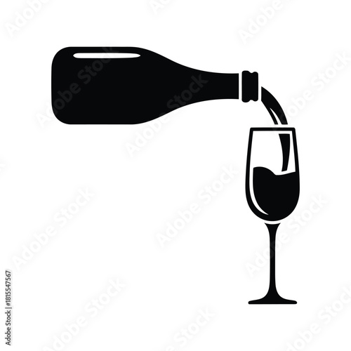 Wine bottle pouring liquid into glass silhouette beverage serving celebration drink alcohol refreshment bar icon