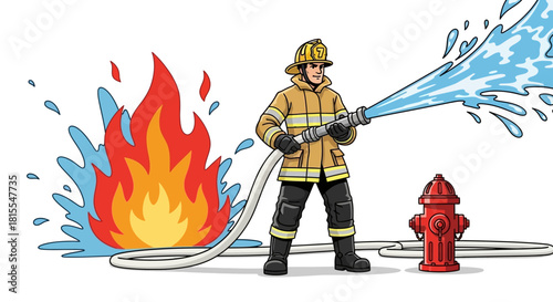 Firefighter Extinguishing a Fire with Water from a Hose and a Fire Hydrant