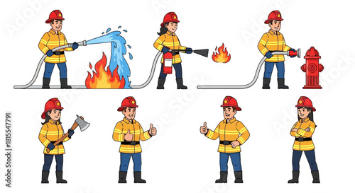 Firefighter Actions Extinguishing Flames with Water, Controlling Fire, and Demonstrating Bravery