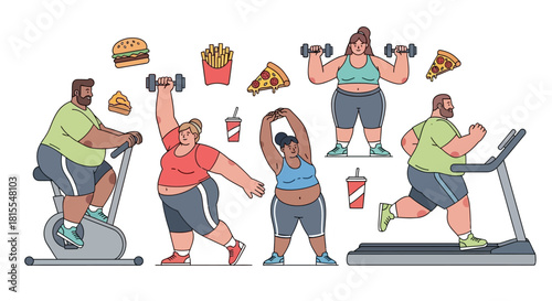 Body Positivity and Healthy Lifestyle Choices Illustrated People Exercising and Enjoying Treats