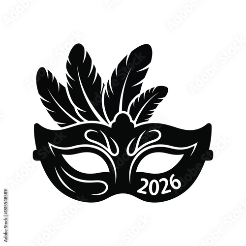 Black masquerade mask with feathers and 2026 year venetian carnival costume accessory festive event symbol