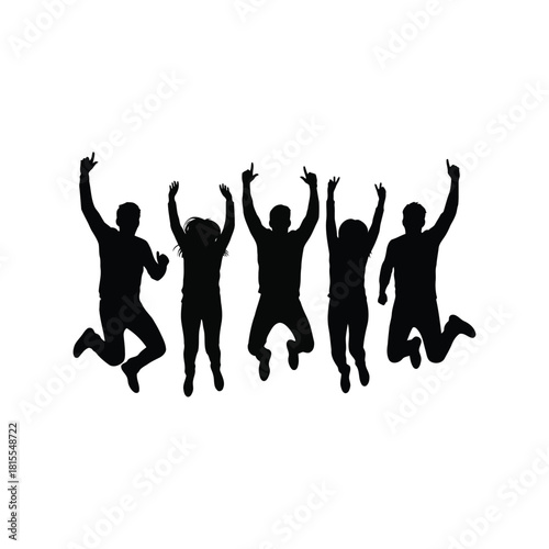 Joyful people jumping silhouette celebrating success happy group energetic movement freedom