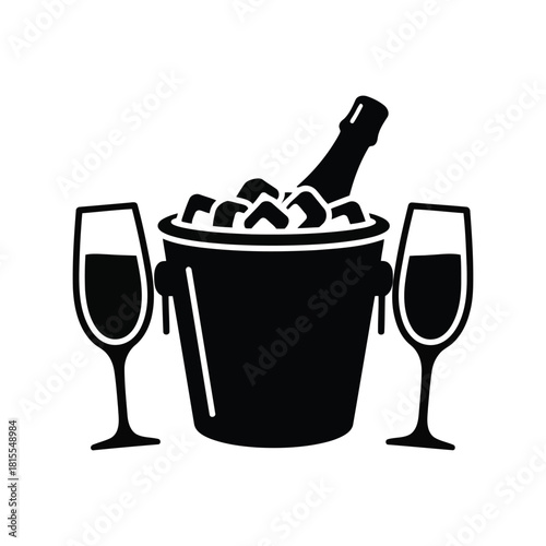 Champagne bottle ice bucket with two glasses celebration toast party drink festive beverage vector graphic