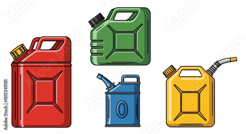 Various colored fuel cans, gasoline, petrol containers, isolated white background vector illustration