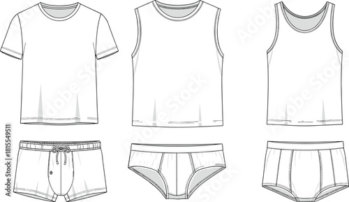 Men’s underwear sketch, loungewear technical drawing, fashion CAD, garment design, flat vector, apparel template, cad drawing flat vector illustration
