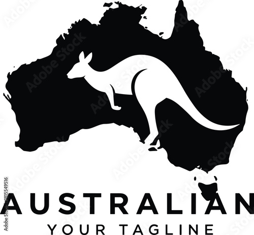 PrintAustralian kangaroo logo silhouette inside Australia map, wildlife symbol, tourism design, travel branding, nature illustration, outback identity, vector graphic