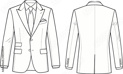 Men's suit jacket front and back view, fashion flat sketch, tailoring template, technical garment drawing, cad drawing flat vector illustration
