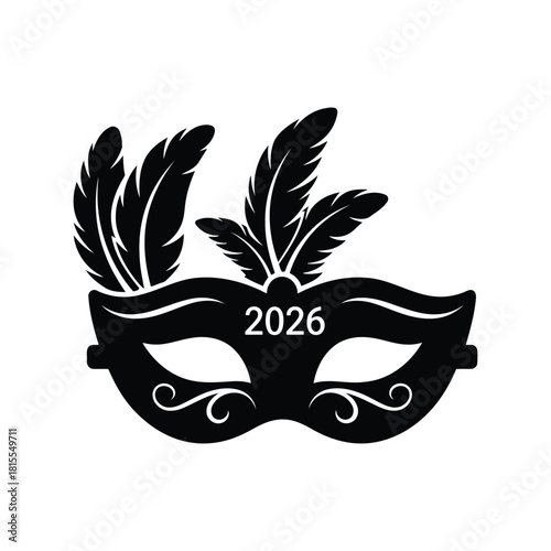 Black masquerade mask with feathers and 2026 year venetian carnival costume accessory festive event symbol