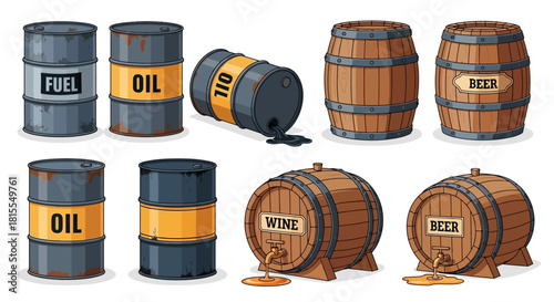 Collection of assorted fuel and beverage barrels, some upright and some tilted, representing liquids and storage