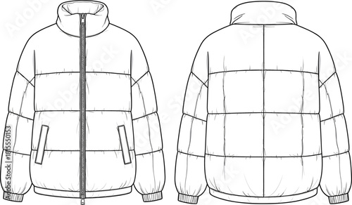 Puffer jacket technical sketch front and back views, quilted sections, zipper, collar, cad drawing flat vector illustration