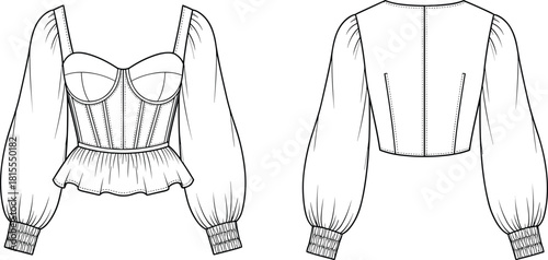 Puff sleeve top sketch, peplum blouse design, corset-style bodice, fashion CAD, flat vector, cad drawing flat vector illustration