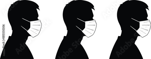 Silhouette of masked individuals side view, health safety concept, pandemic protection, cad drawing flat vector illustration