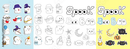 Little spooky Spooky Stickers – Cute Handmade Ghost Sticker Bundle | 22 Halloween clipart | PNG, JPG, AI, EPS,	
