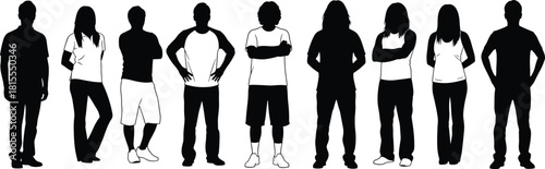 Silhouettes of diverse people standing in row, casual fashion poses, demographic concept, cad drawing flat vector illustration