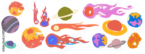 transparent Funky crayon drawn planets, asteroids, stars and constellations. Doodle outer space childish icons set. Crayon drawings of night sky or galaxy symbols. Childish cosmic colorful easter eggs