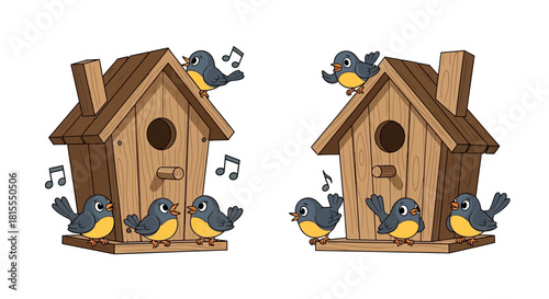 Two charming birdhouses with little birds singing joyfully, creating a delightful garden scene illustration