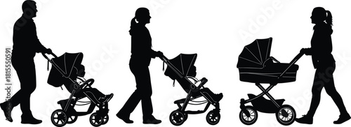 Silhouette adults pushing strollers and prams, walking side view, parenting concept, child transport, cad drawing flat vector illustration