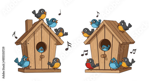 Two charming birdhouses filled with cheerful birds singing melodies under the spring sky