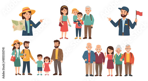 Cartoon tourist groups with guide, family, couple and elderly traveler illustrations