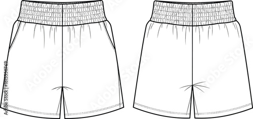 Technical shorts sketch, front back view, elastic waistband, side pockets, relaxed fit, fashion CAD, garment design, cad drawing flat vector illustration