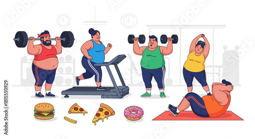 Overweight Individuals Embarking on a Fitness Journey Diverse People Exercising and Making Healthy Choices for Weight Loss and Wellness, Contrasting Unhealthy Foods