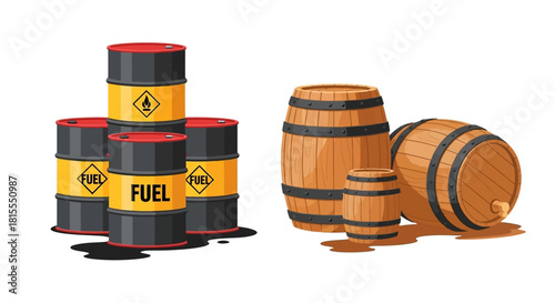 Oil barrels and wooden kegs vector illustration, industrial resources