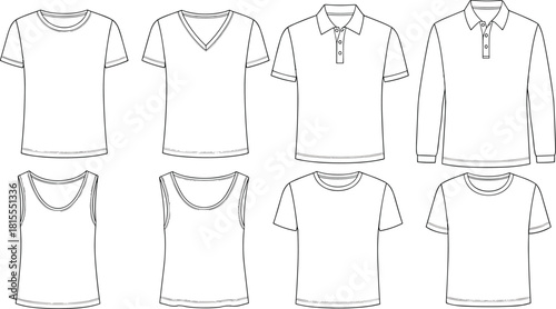 Various shirt and top styles front view, fashion sketch set, garment design reference, cad drawing flat vector illustration