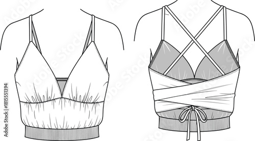 Women’s wrap back bralette technical flat, fashion lingerie design, vector apparel sketch, activewear crop top, cad drawing flat vector illustration