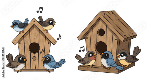 A charming cartoon illustration of a happy community of birds singing cheerfully around two wooden birdhouses