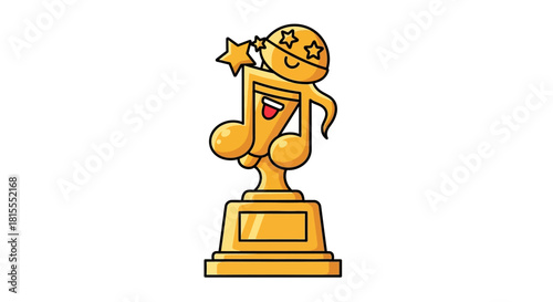 Cartoon illustration of a golden music note trophy character singing into a star, symbolizing a first place award