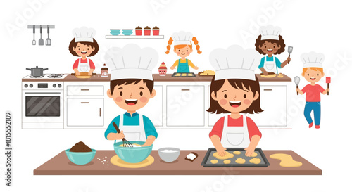 Children learning to bake delicious cookies and cakes in a brightly lit kitchen classroom