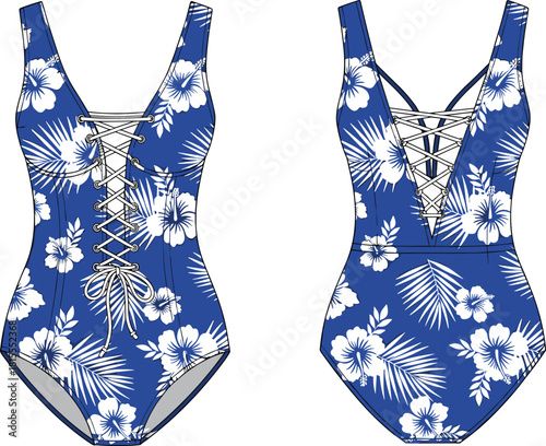 Blue tropical floral one-piece swimsuit vector illustration, lace up front technical flat sketch, fashion design template, women's swimwear, summer beach wear.
