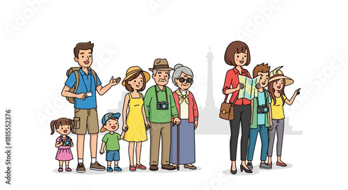 Happy multi-generational family of tourists exploring famous landmarks and enjoying a vacation together