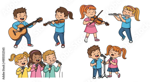 Children enjoying music with various instruments and singing in a group