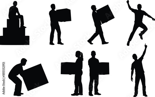 Collection of mover silhouettes carrying boxes, delivery man lifting heavy cargo, warehouse worker poses, logistics concept, vector illustration isolated on white background