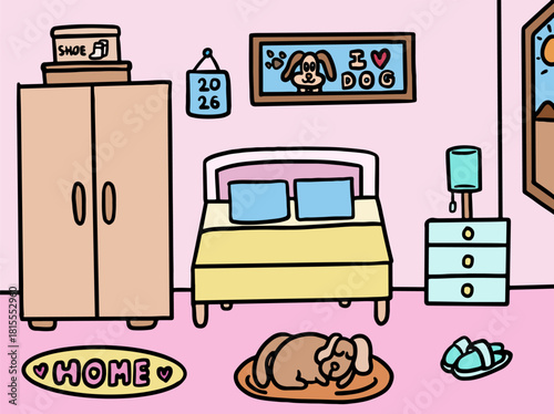 Cute hand drawn vector illustrations of bedroom with bed, pillow, closet, drawer, hanging pictures, calendar, sleeping puppy, HOME mat, window, lamp, slippers for home decor, house tour, room design