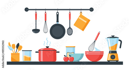 Kitchen interior scene with a shelf full of cooking utensils, cookware, and fresh ingredients for preparing a meal, in a flat design style.