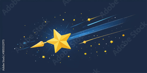 Abstract blue night sky background with magic gold stars, stripes, and snow pattern for Christmas holiday celebration decoration