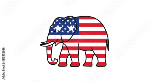 Symbol of the US Republican Party, an elephant decorated with the American flag pattern, isolated on a white background.