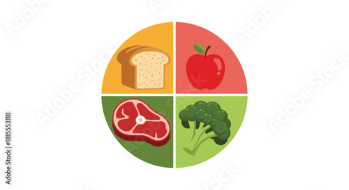 Healthy eating plate concept divided into four food groups, including grains, fruits, protein, and vegetables for a balanced diet plan.
