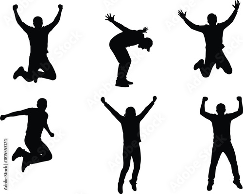 Collection of six black silhouettes of happy men jumping high, cheering, and celebrating success, isolated on white background for vector design.