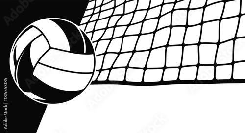 Black and white graphic art of a volleyball next to the net, perfect for team logos, posters, or sports-themed design projects.