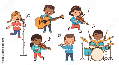Happy diverse group of kids playing various musical instruments and singing together, celebrating the joy of music and creativity in childhood
